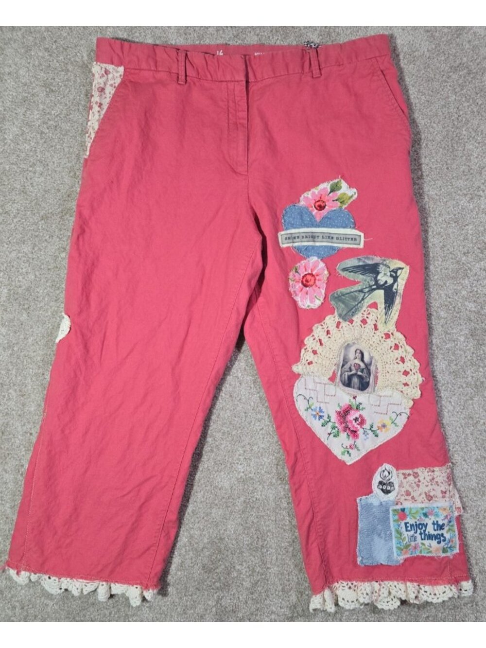 OOAK Upcycled Linen Cotton Crop Pants Wearable Art Appliques Boho Cottage sz 16